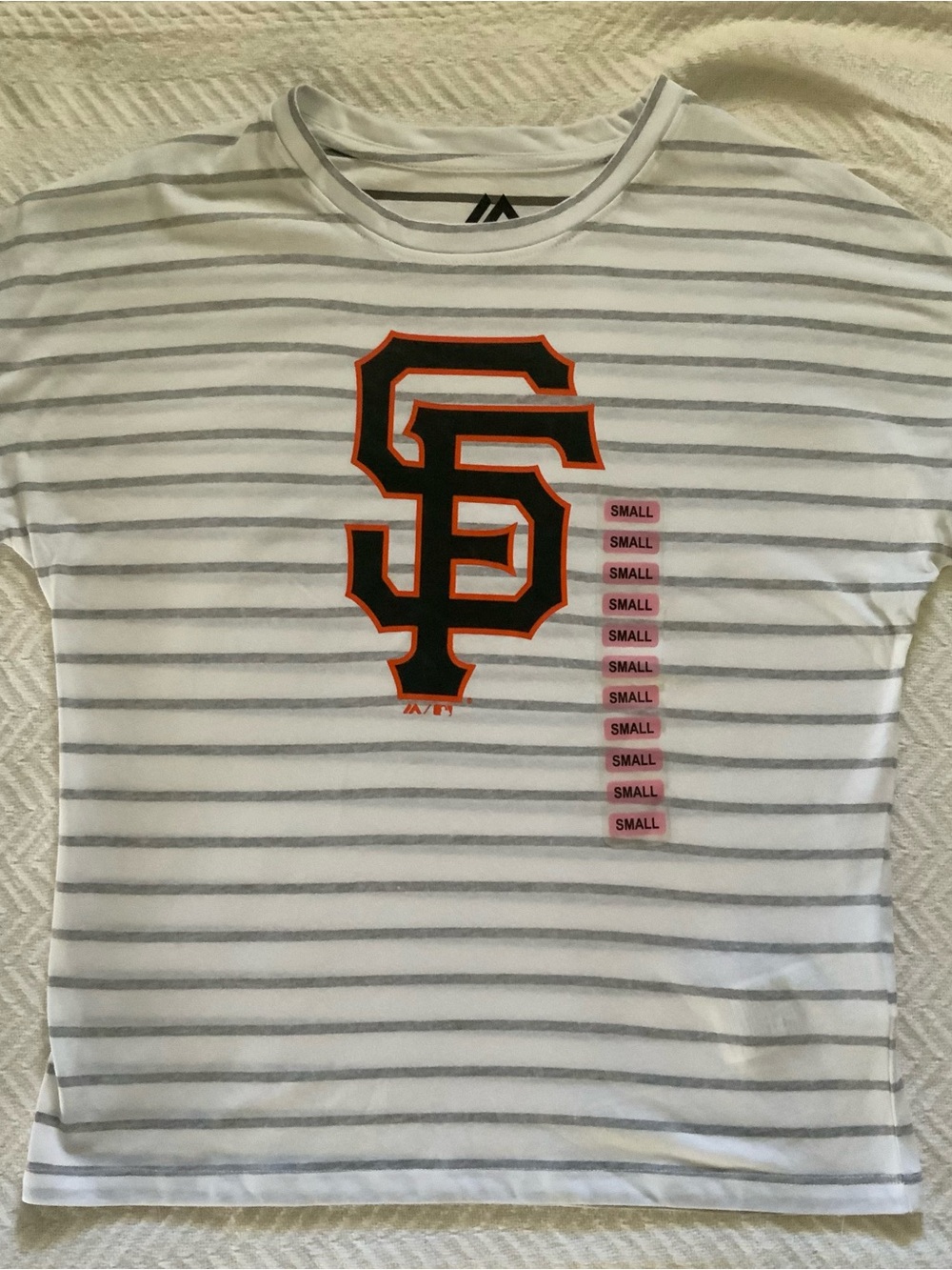 Majestic White & Gray Striped women’s Tee with Orange & Black SF Logo